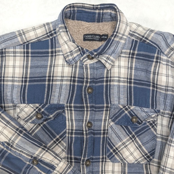 Faded Glory Other - Faded Glory Men's Plaid Flannel Sherpa Lined Jacket Blue‎ Beige Black Size M